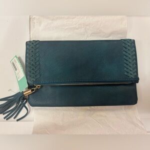 Teal Leather Clutch with Tassel